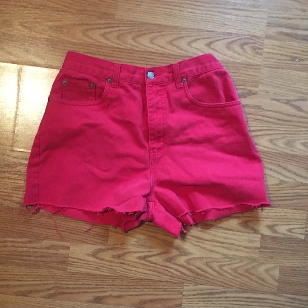 Red high waisted daisy duke cut off shorts